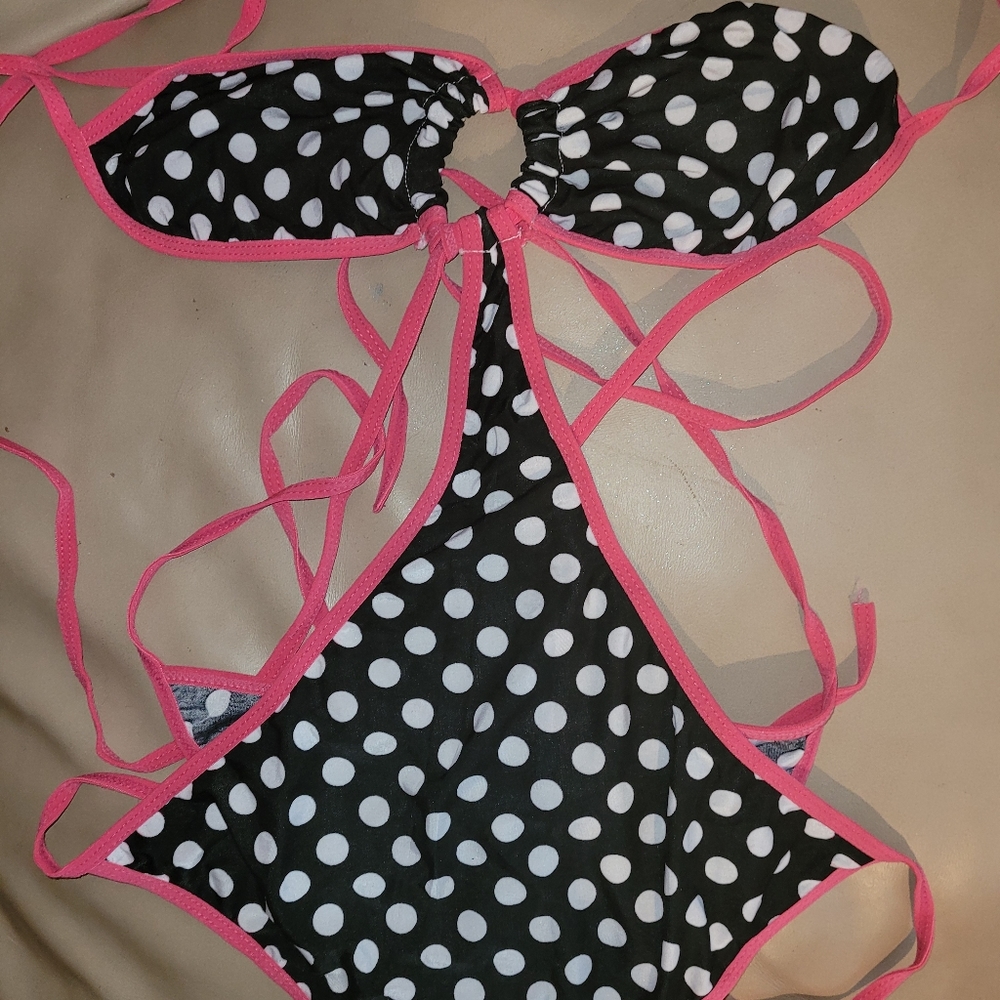 Black w/ White Polka Dots & Pink Trim Monokini - Picture 2 of 3